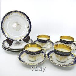 Old Paris Porcelain Dessert Service Pour 4 Cobalt & Gold Cups Saucers Plaques 12pc