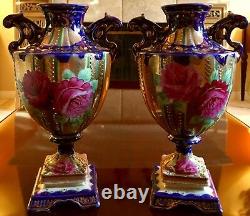 Paire Antique Français Sevres Style 11cobalt Bleu & Or Peinture À La Main Vases De Porcelaine