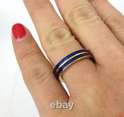 Paire De Bracelets Vintage En Émail Bleu Cobalt Et Or Jaune 18k Taille 5.5