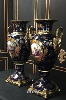 Paire De Palais Limoges Imperial Italy Porcelaine 22kt Vases Bleu Or & Cobalt