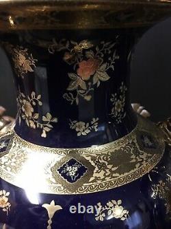 Paire De Palais Limoges Imperial Italy Porcelaine 22kt Vases Bleu Or & Cobalt