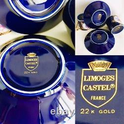 Paire De Rare Limoges Castel 24ct Gold Gilded Cobalt Blue Demitasse Cups - Soucoupe