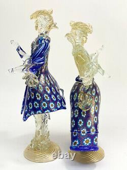Paire Murano Cobalt Art Glass Fleck Or Et Millifiori Figurines - Homme Et Femme