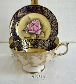 Paragon Angleterre Tea Cup & Saucer Floating Pink Cabbage Rose Cobalt Heavy Gold