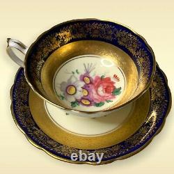 Paragon Double Mandat Cobalt Blue & Gold Gild Floral Bouquet Tea Cup & Saucer