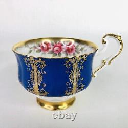Paragon Tea Cup & Saucer Cobalt Blue Cabbage Rose Or Signé R Johnson Vintage