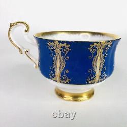 Paragon Tea Cup & Saucer Cobalt Blue Cabbage Rose Or Signé R Johnson Vintage