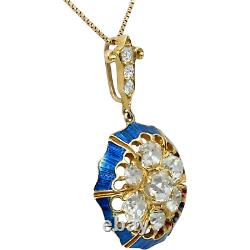 Pendentif Antique Victorien De Diamant De Vieille Mine Coupée Dans L’émail Bleu Cobalt D’or De 18k