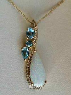 Pendentif pour femme en or jaune 14 carats avec opale de taille poire de 3 carats et topaze bleue, chaîne gratuite