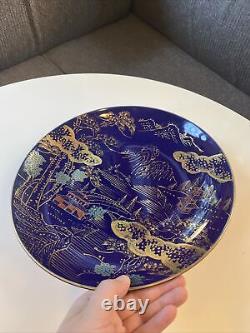 Porcelaine bleue cobalt japonaise vintage Arita - Assiette à plat de 11 pouces - Peinte à la main avec des détails dorés