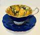 Queen Anne England Cobalt Floating Cabbage Roses Gold Teacup & Saucer Wide Bouche