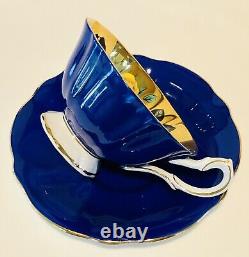 Queen Anne England Cobalt Floating Cabbage Roses Gold Teacup & Saucer Wide Bouche