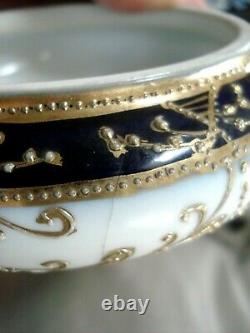 Rare Antique Nippon Maple Leaf Mark Cobalt Blue Gold Welt Bead Moriage Bowl