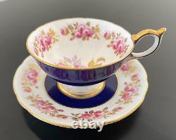 Rare Aynsley Cobalt Bleu Pink Cabbage Rose Gold Ribbed Teacup Tea Cup Saucer