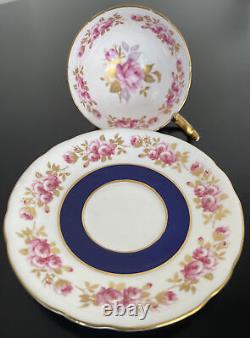 Rare Aynsley Cobalt Bleu Pink Cabbage Rose Gold Ribbed Teacup Tea Cup Saucer
