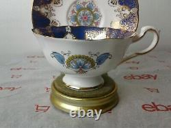 Rare Paragon Cobalt Blues Floral Fan Pastels Golden Teacup And Saucer Set Vintage