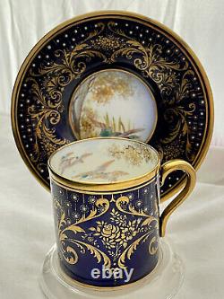 Rare Shelley Cobalt Blue Miniature Demitasse Cup & Soucoupe Or Oies Canards Volaille