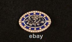 Rose Cut Diamond, Seed Pearl 14k Gold Antique Cobalt Blue Forget Me Not Brooch