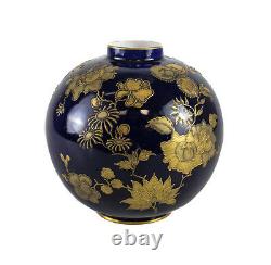 Royal Crown Derby Ball Vase Cobalt Bleu Surélevé HP Or Motif Floral C1900