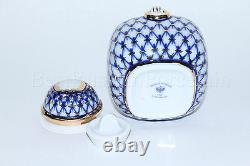 Russe Imperial Lomonosov Porcelain Tea Caddy Cobalt Net 22k Gold Rare Russia