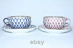 Russian Imperial Lomonosov Porcelain 2 Tea Cup And Saucer Cobalt Net Blues Or
