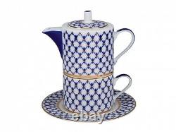 Russian Imperial Lomonosov Porcelain Set Tea Cup, Soucoupe, Théière Cobalt Net Gold