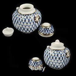 Russie Impériale (lomonosov) Porcelaine Thé Caddy Cobalt Net 22k Or, Nouveau