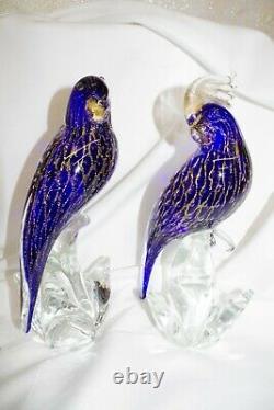 Sandro Frattin Murano Art Verre Perroquet Oiseau Sculpture Or & Bleu Cobalt Signé