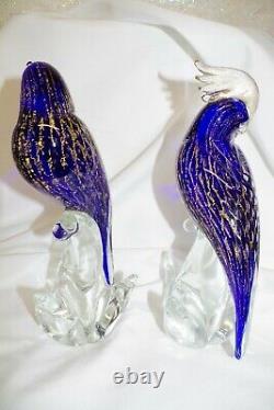 Sandro Frattin Murano Art Verre Perroquet Oiseau Sculpture Or & Bleu Cobalt Signé