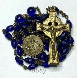 Scarce Antique Gold Laver Cobalt Capped Pater Blue Glass Rosary Collier 33