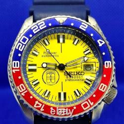 Seiko Plongeur d'occasion 7002-7001 Auto Cadran jaune Lunette Pepsi Bracelet de plongée bleu marine