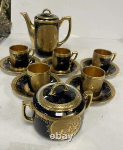 Service de tasses à café en porcelaine tchèque Karlsbad Fairy Design, bleu cobalt avec bordure en or