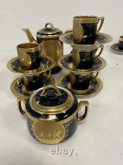 Service de tasses à café en porcelaine tchèque Karlsbad Fairy Design, bleu cobalt avec bordure en or
