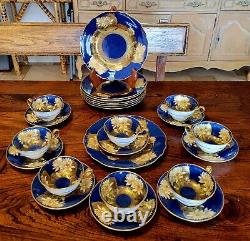 Service de thé en trio Spode Chinoiserie Cobalt Gold Encrusted avec soucoupe et tasse à dessert en lotus (8 pièces)