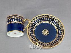 Sevres Cobalt Blue Gold Médaillon Floral & Arch Coffee Cup & Saucer C. 1814-1823