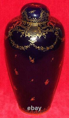 Signé Dresden Lited Urn Vase Cobalt & Or Peint À La Main Victorien Allemagne