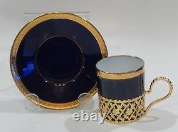 Stupéfiant Limoges Cobalt Blue & Gold Coffee Cup & Saucer Avec Support Métallique Ajusté