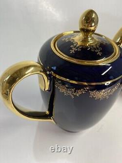 Superbe service à thé en porcelaine Johann Haviland bleu cobalt et or avec pot, couvercle, crème et sucre