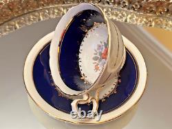 Superbe tasse et soucoupe en porcelaine anglaise AYNSLEY avec des motifs fleuris, couleur bleu cobalt et or.