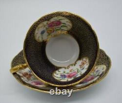 Tasse à thé Aynsley Cobalt Blue Gold avec des médaillons floraux peints à la main (B492)