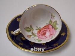 Tasse à thé Aynsley Vintage Cobalt Blue Pink Cabbage Rose Gold Fleur De Lis