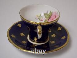 Tasse à thé Aynsley Vintage Cobalt Blue Pink Cabbage Rose Gold Fleur De Lis