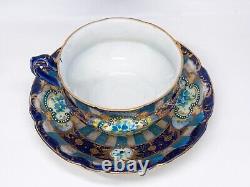 Tasse à thé et soucoupe peintes à la main, Japon antique Nippon, avant 1891, bleu cobalt et doré.
