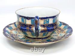 Tasse à thé et soucoupe peintes à la main, Japon antique Nippon, avant 1891, bleu cobalt et doré.