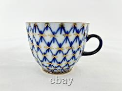 Tasse à thé, soucoupe, assiette à dessert Lomonosov russe en porcelaine bleue à tulipe dorée 22 carats