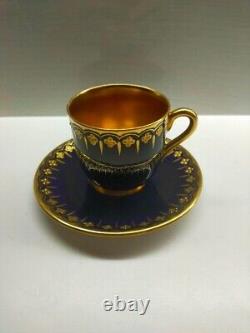 Tasse et soucoupe à café Coalport 1891, bleu cobalt et or, antique et vintage, utilisée