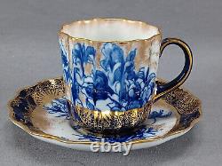 Tasse et soucoupe à démi-tasse en porcelaine Doulton Burslem Cobalt Flow Blue & Gold Floral Chintz