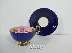 Teacup Soucoupe Aynsley Cabbage Rose Cobalt Blue Gold Accents Vtg Angleterre 2 Pcs