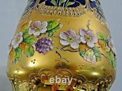 Très Grande Paire D'antique Cobalt Bohemien Blue Glass Vases Gold / Enamel Moser