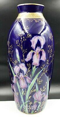 Unique Art Français Nouveau Limoges Orchidées Vase Cobalt Bleu Porcelaine & Or
